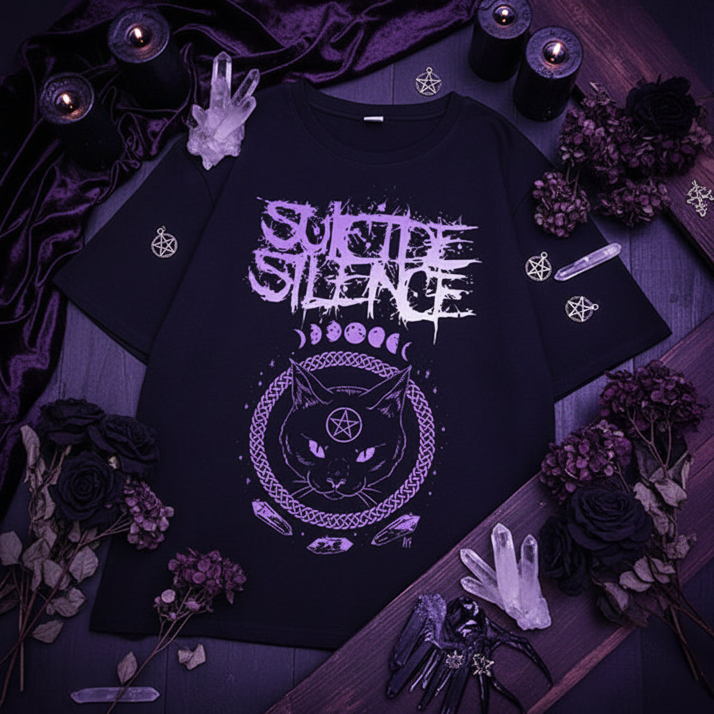 Black t-shirt with purple 'Suicide Silence' design on a checkered surface.