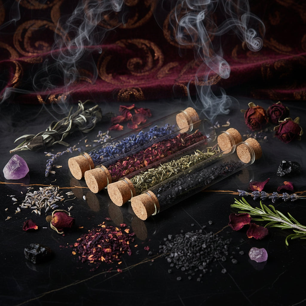 Set of clear glass test tubes with cork stoppers on a wooden surface