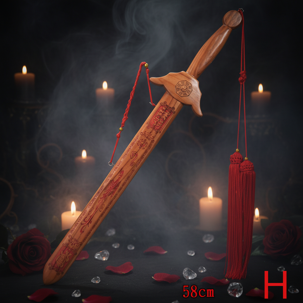 Wooden sword with red tassels on a white background