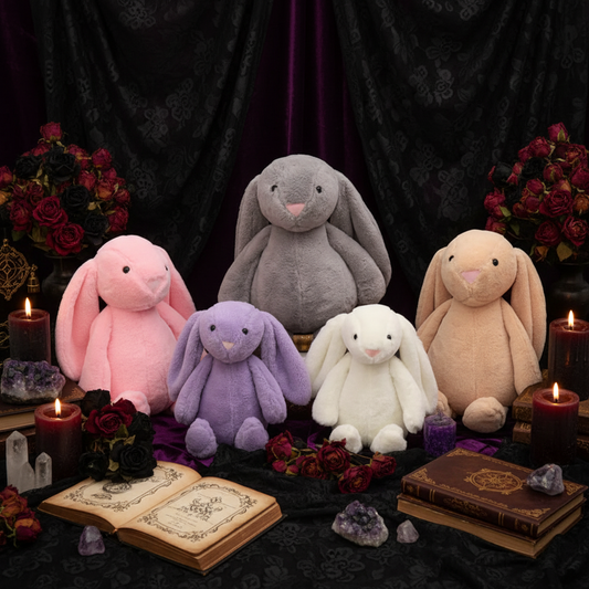 Five colorful plush bunnies on a beige couch with a light background