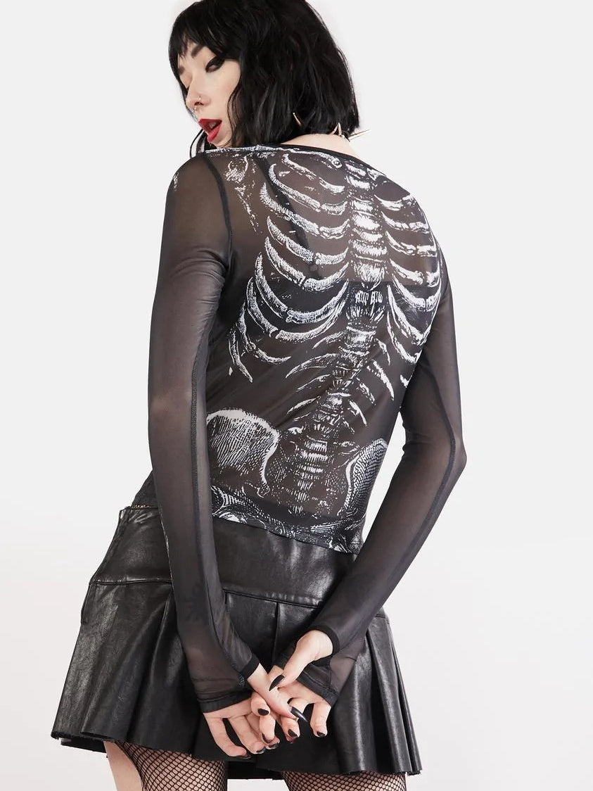 Women's Skull Print Mesh Long Sleeve Crop Top