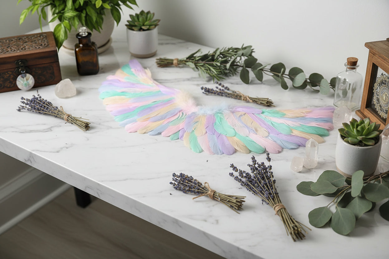 Pastel-colored angel wings on a black background