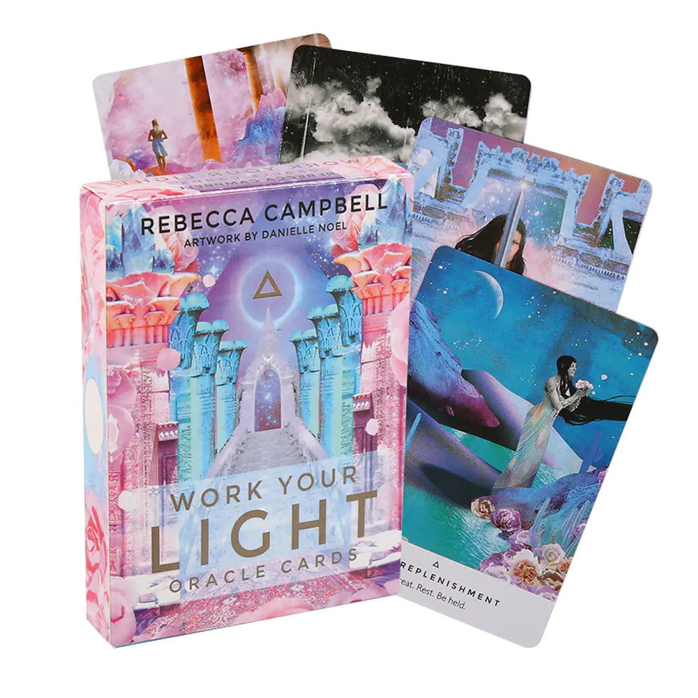 Rebecca Campbell 'Work Your Light' oracle cards with colorful packaging on a white background