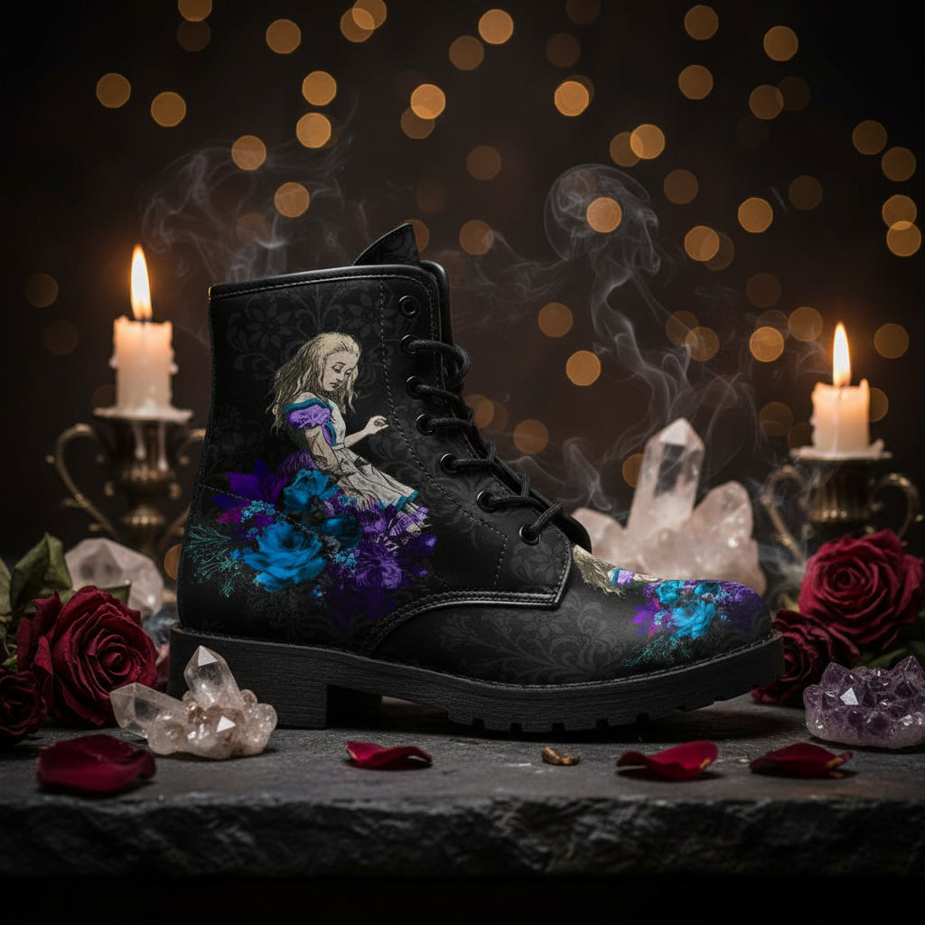Black boot with floral and fairy design on a white background