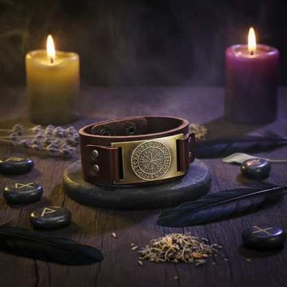 Brown leather bracelet with a gold emblem on a white background