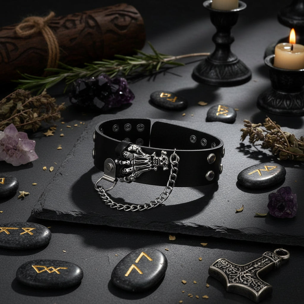 Gothic Skull Hand Design PU Leather Bracelet for Parties Sorceress Sanctuary