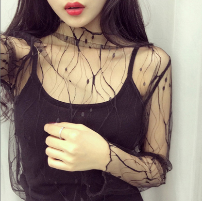 Sheer Lace Long Sleeve Crop Top Mesh Layering Piece