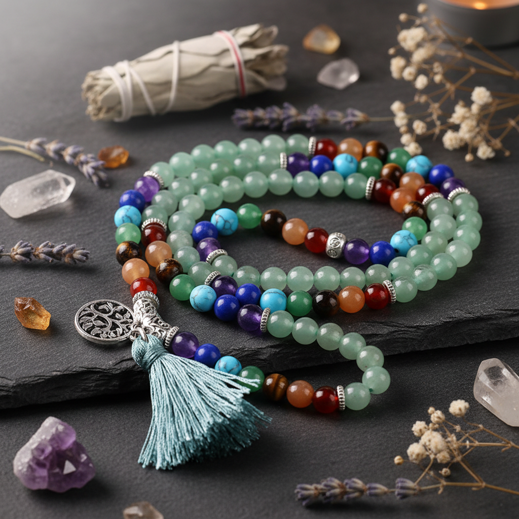 Colorful beaded bracelet with tassel on a wooden surface