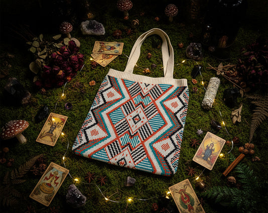 Colorful patterned bag held by a hand on a white surface with a beige coat in the background