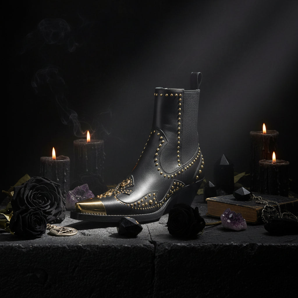 Black ankle boot with gold studs and gold tip on a white background