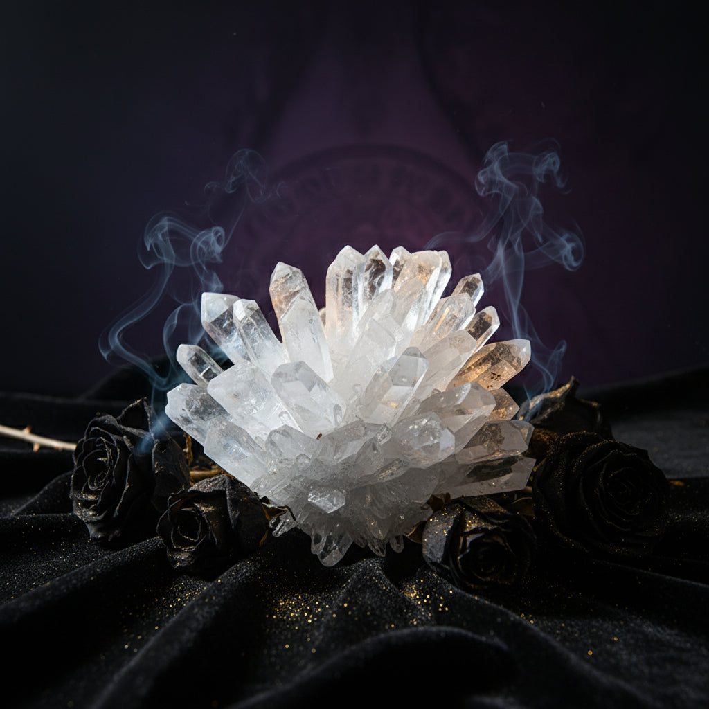 Crystal cluster held by a hand with a gray background