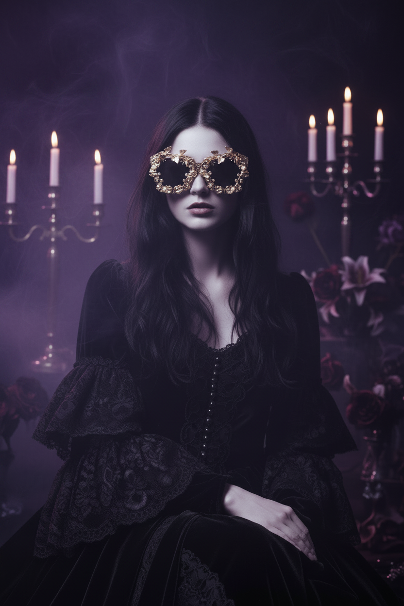 Gold-framed sunglasses with decorative elements on a white surface.