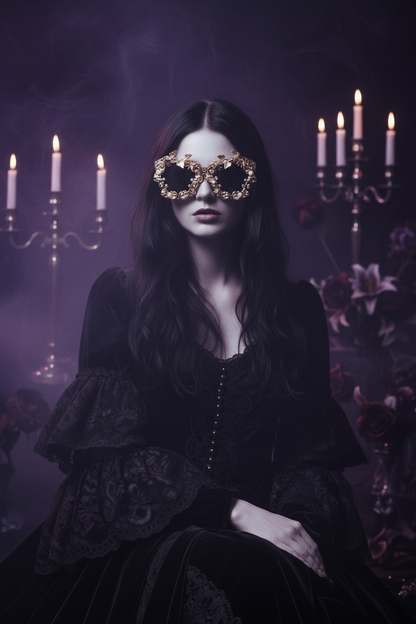 Gold-framed sunglasses with decorative elements on a white surface.