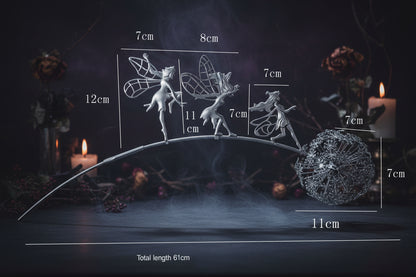 Measurement chart of decorative elements including fairies and a flower.