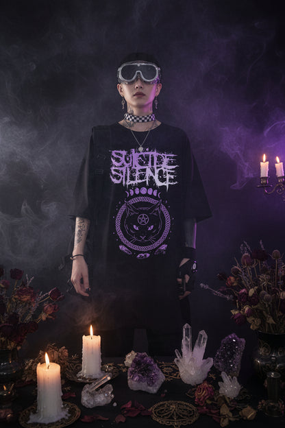 Black t-shirt with 'Suicide Silence' design worn by a person against a plain background
