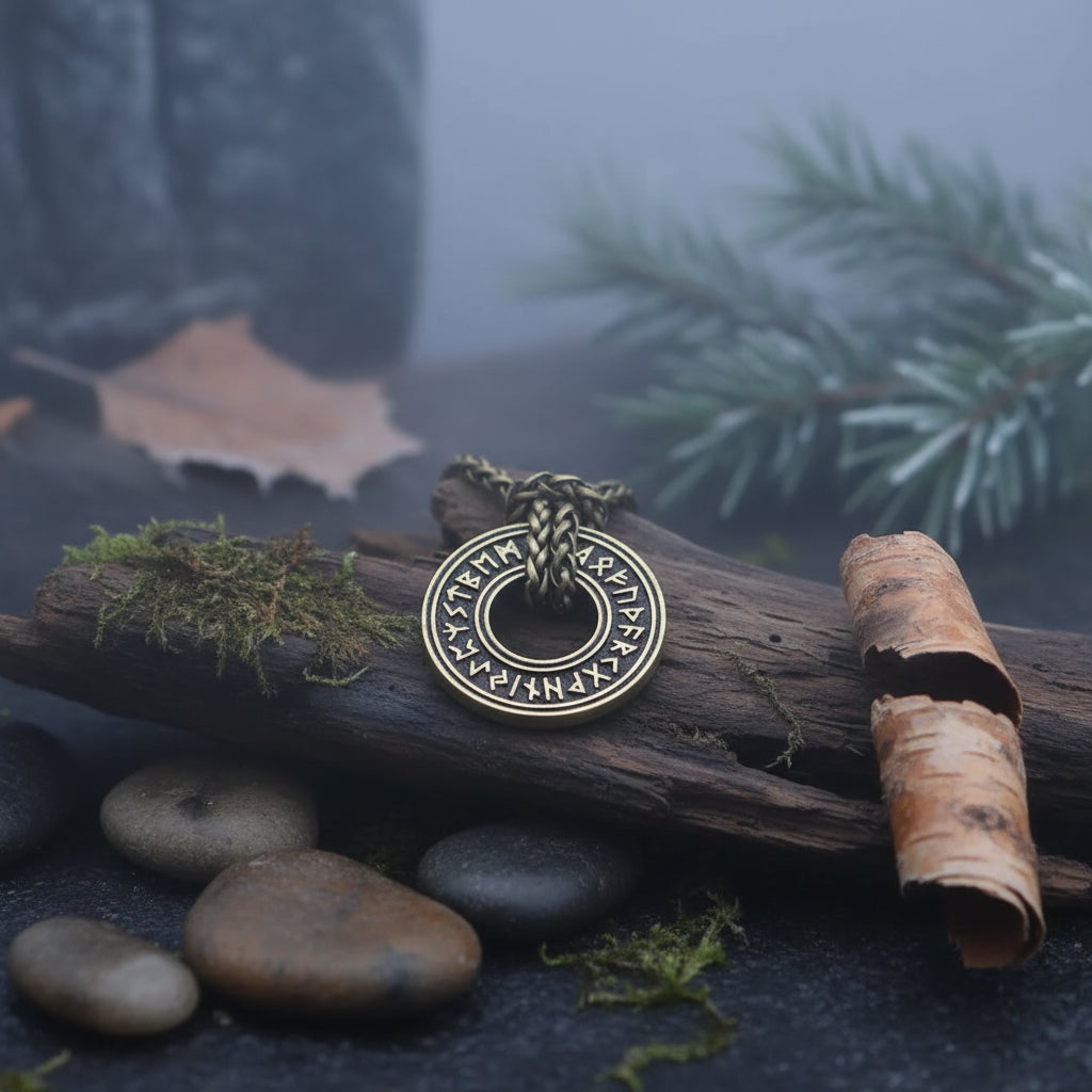 Bronze necklace with a circular pendant featuringRunes held in a hand against a white background