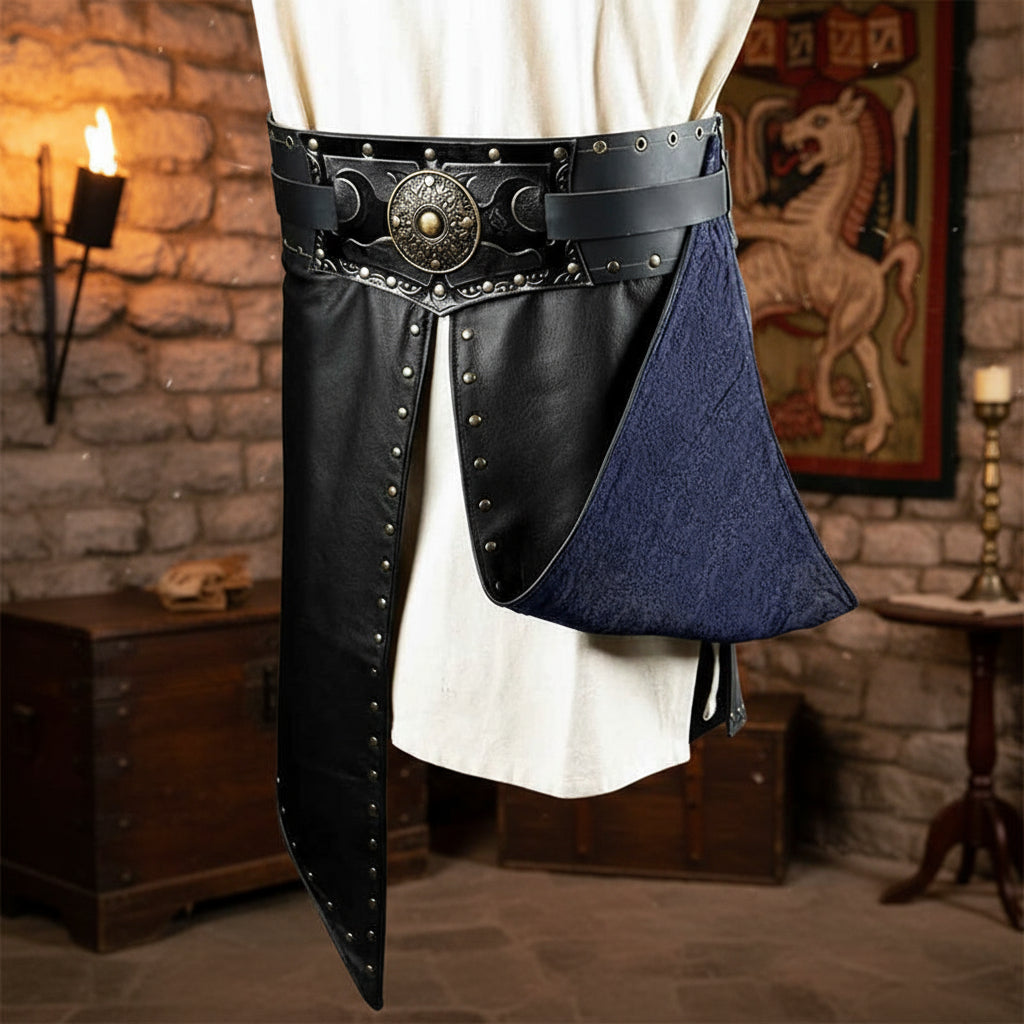 Black leather apron with decorative belt on a white background