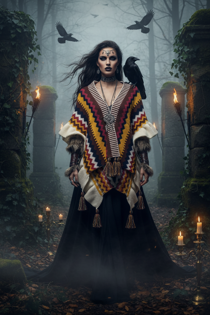 Colorful patterned poncho with tassels on a white background