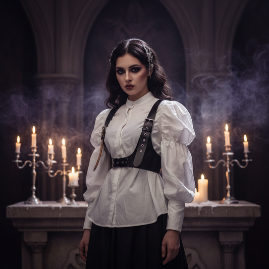 A woman stands in a dark, gothic interior with arched windows and lit candles on stone tables. She wears a white high-neck blouse with dramatic puffed sleeves, a black harness-style corset overlay, and a long black skirt.