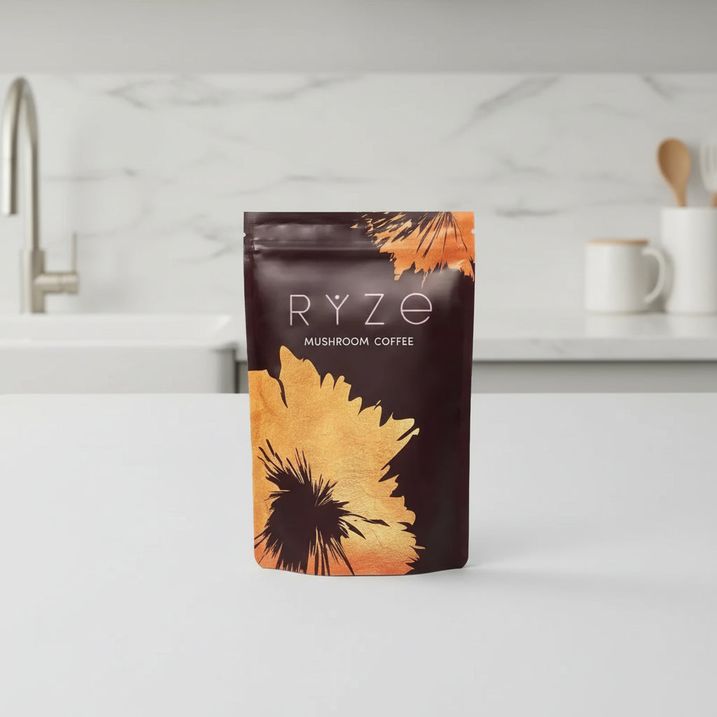 Rye Mushroom Coffee package with coffee grounds and mushrooms on a white background