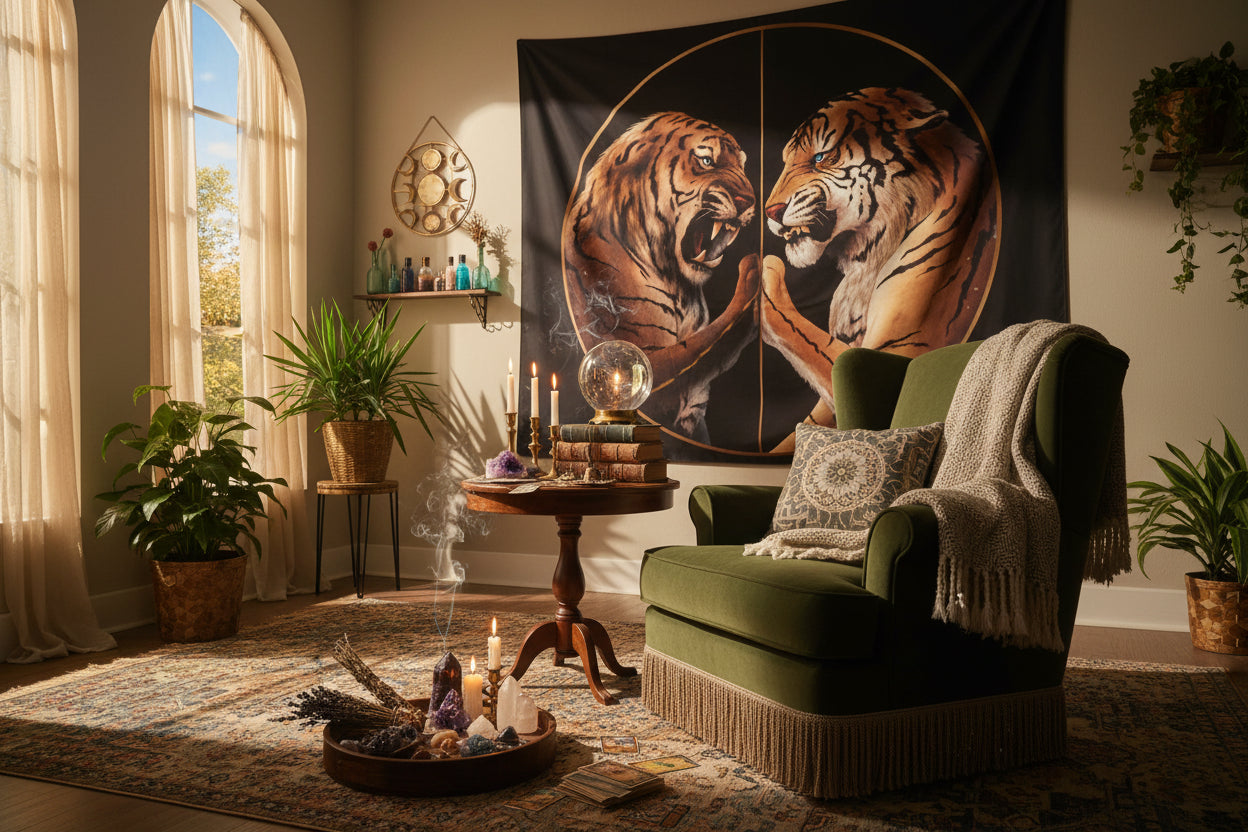 Tapestry with two roaring tigers on a black background, placed on a table with decorative items.