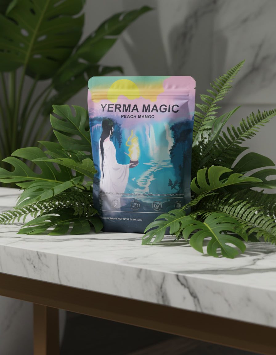 Yerma Magic peach mango product packaging on a white background