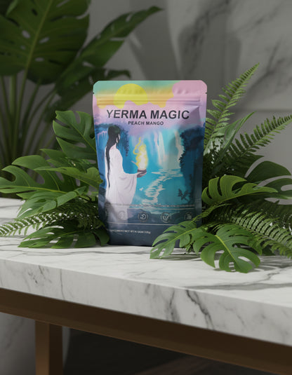 Yerma Magic peach mango product packaging on a white background