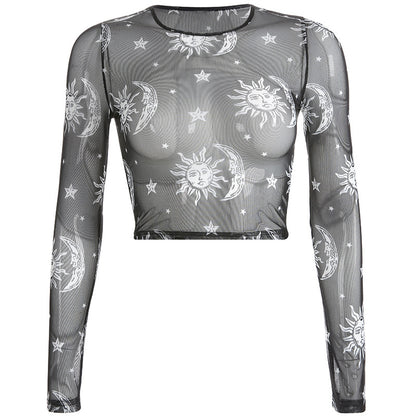 Gothic Long Sleeve Sheer Mesh Crop Top with Print