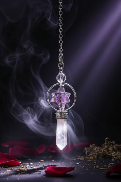 Crystal pendant necklace with purple stone on a black background