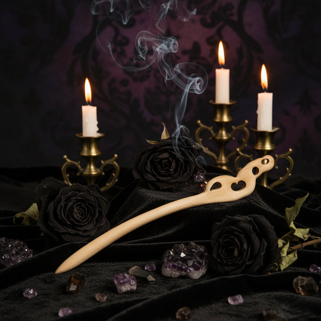 Wooden hairpin with decorative design on a white stand, on a light gray background.