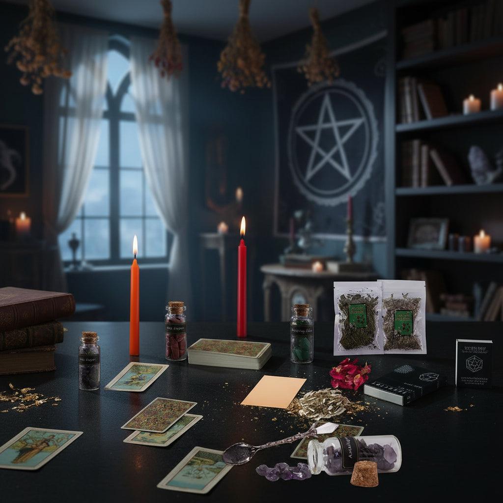 Person sitting cross-legged with ritual items including candles, bottles, and tarot cards on a table.