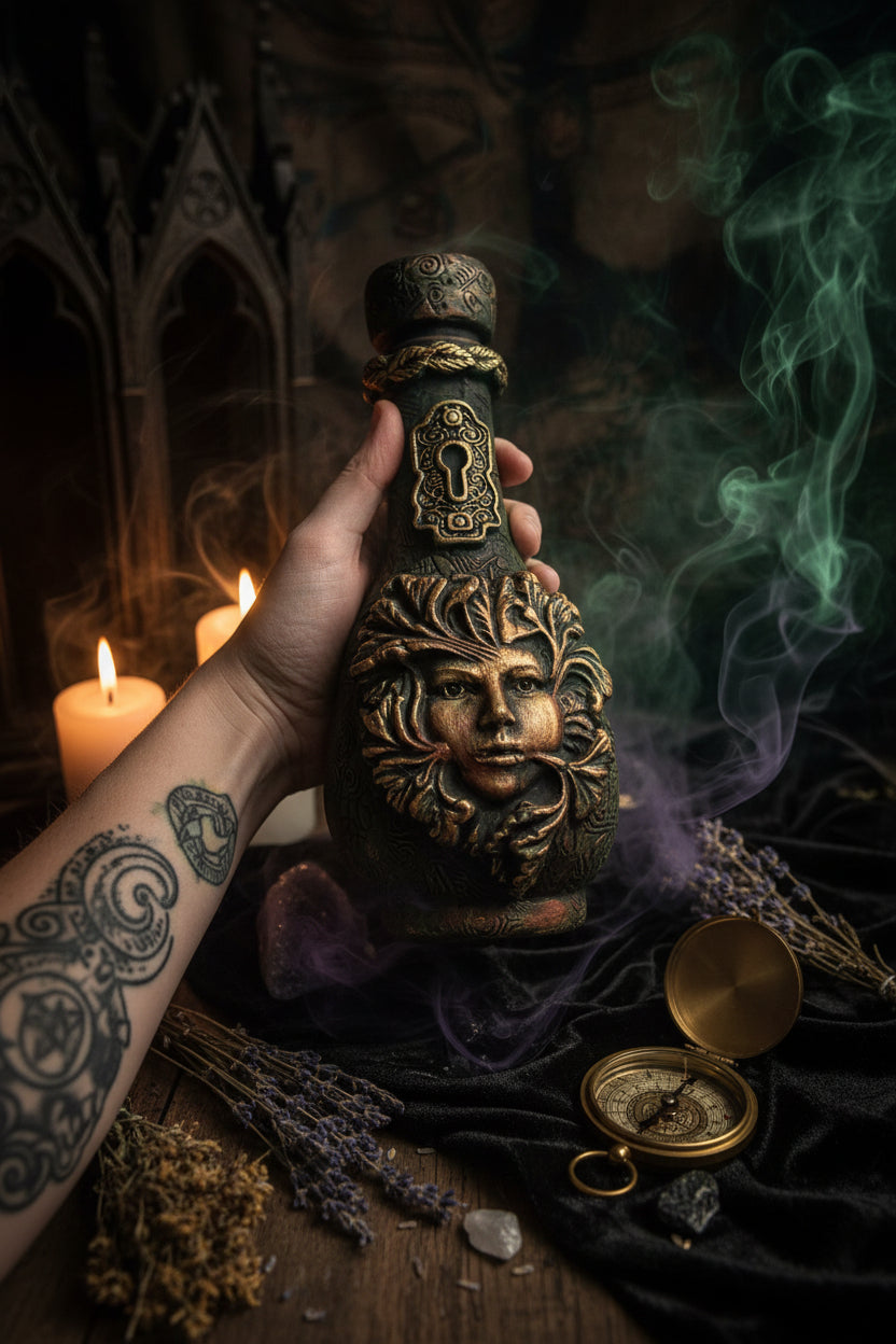 Decorative bottle with artistic design held by a hand on a wooden surface with plants.