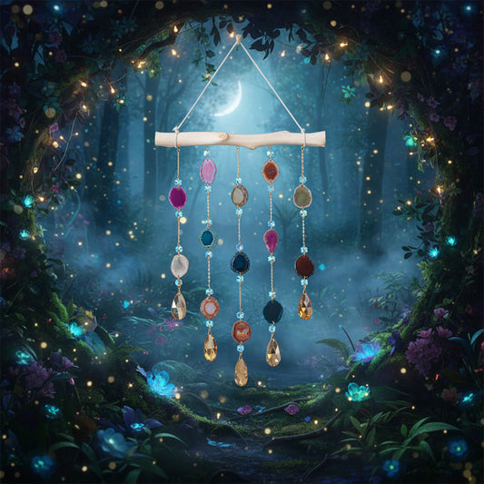 Decorative hanging with colorful beads on a gray wall