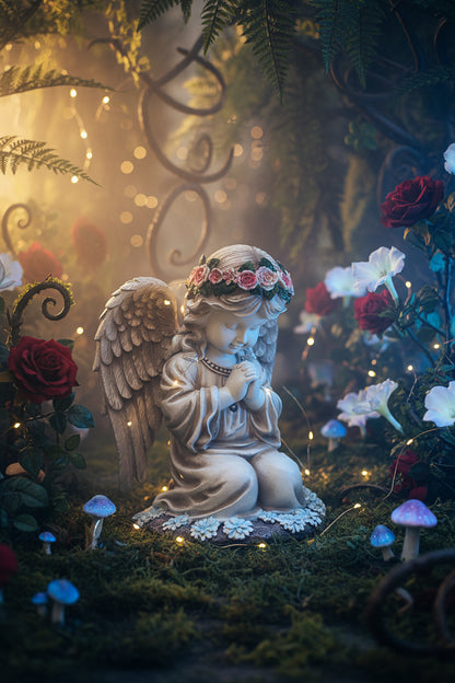 Statue of a angel with wings and floral crown on a blurred green background