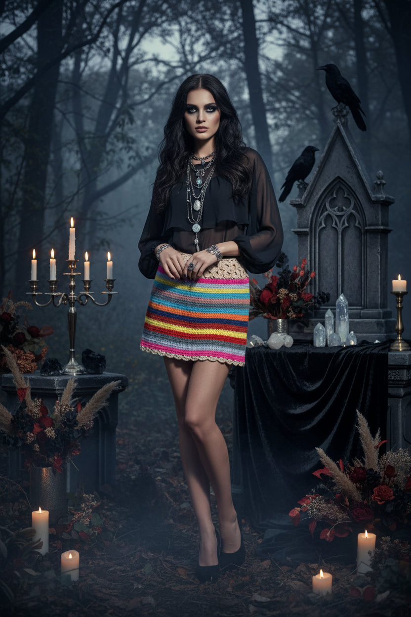 Colorful striped crochet skirt with a lace top on a wooden surface