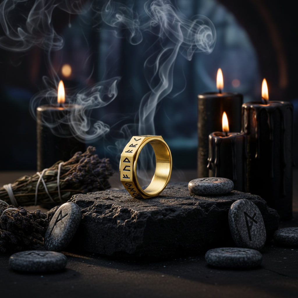 Gold ring with engraved text on a white background
