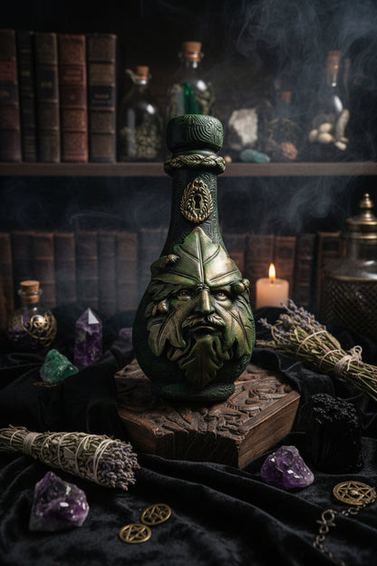 Decorative bottle with a green man design held by a hand on a wooden surface.