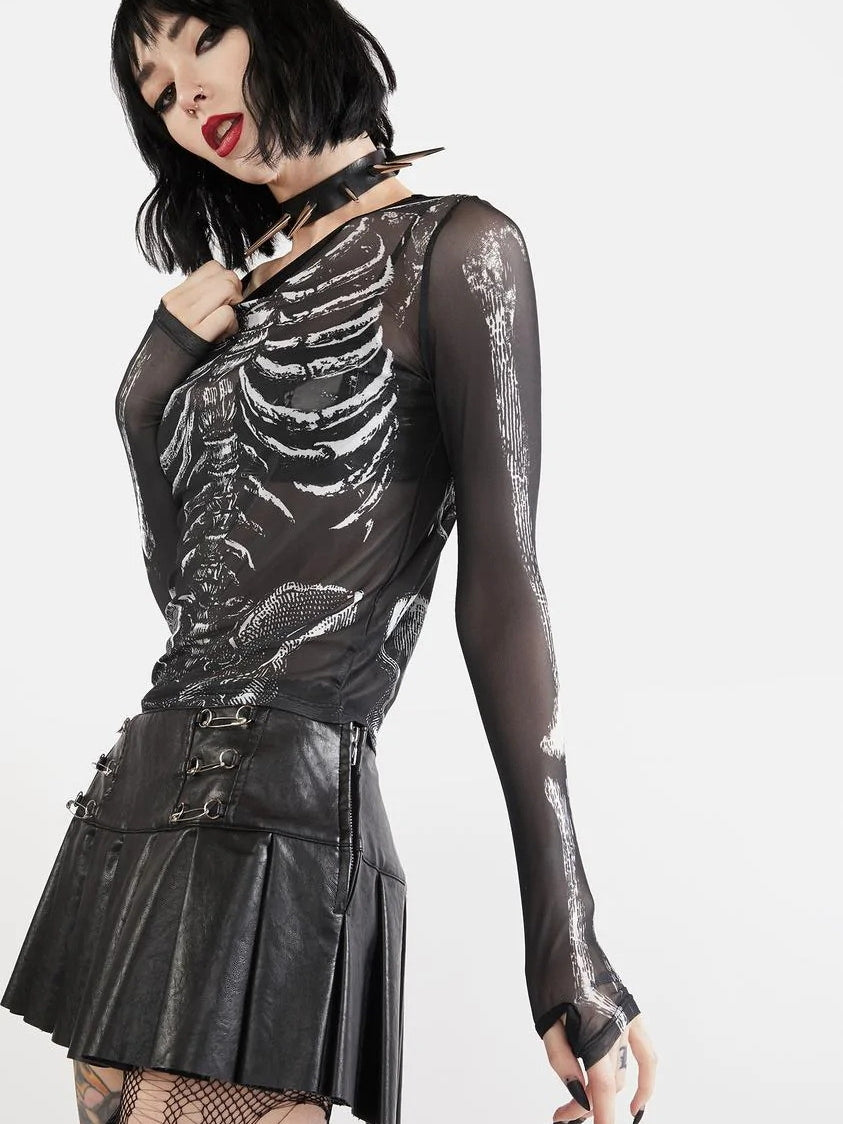 Women's Skull Print Mesh Long Sleeve Crop Top