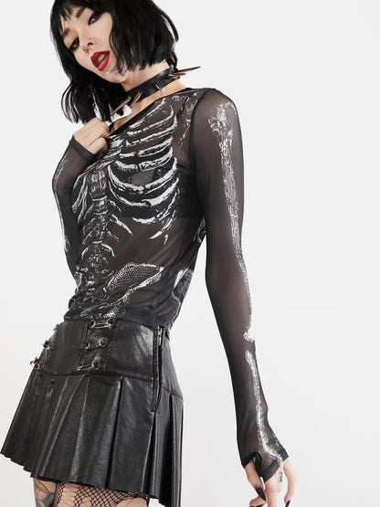 Women's Skull Print Mesh Long Sleeve Crop Top