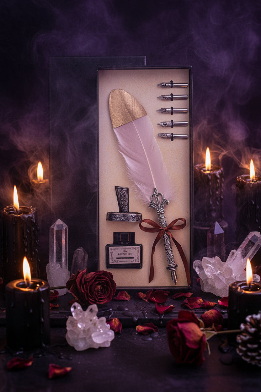 Decorative set with feather pen, ink bottle, and quill in a black box on a wooden surface.