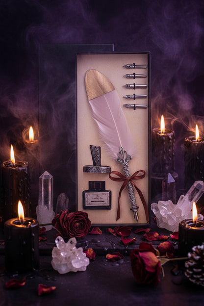 Decorative set with feather pen, ink bottle, and quill in a black box on a wooden surface.