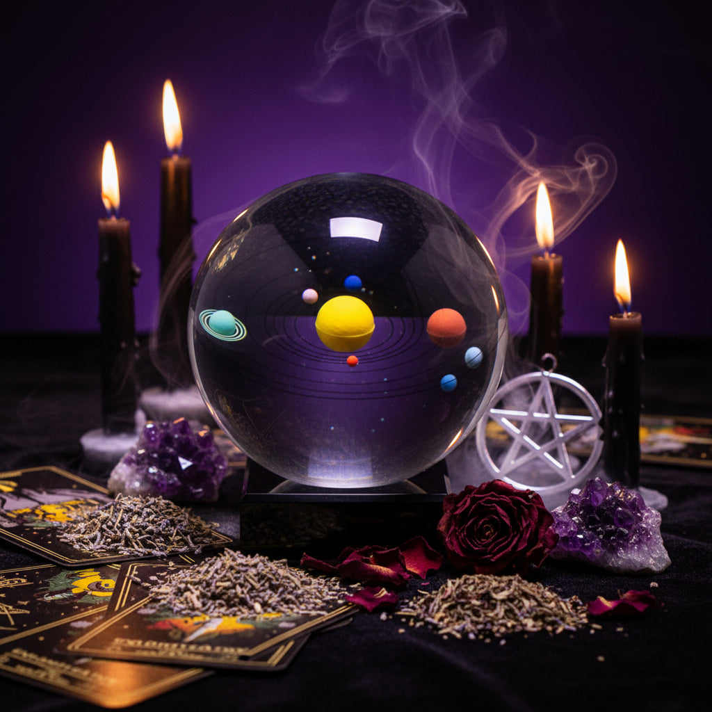 A spherical solar system model with colorful planets and black orbital rings on a clear acrylic sphere, displayed on a black rectangular base. The image is a three-panel collage showing close-ups of the model from different angles.