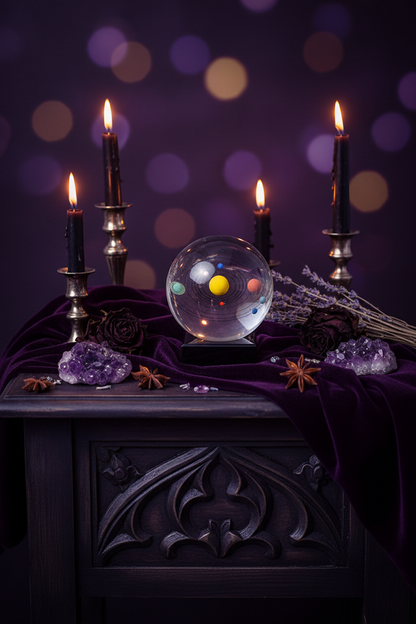 A mystical tabletop scene with a clear crystal ball containing a miniature solar system model, surrounded by black candles in holders, purple crystals, dried lavender, and star anise on a dark carved table draped with deep purple fabric against a purple bokeh background.
