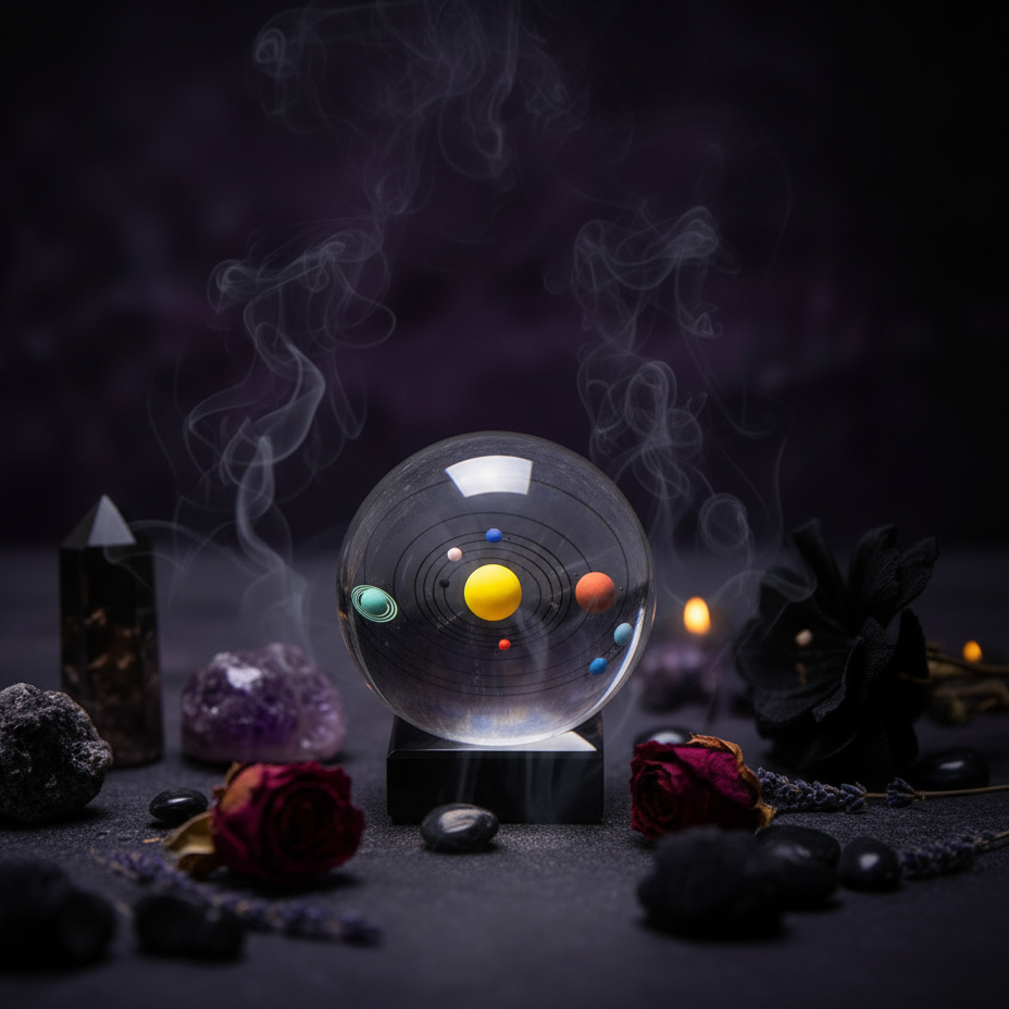A clear crystal ball with a solar system design sits on a black base, surrounded by dark roses, crystals, and smoky purple lighting in a moody setting.