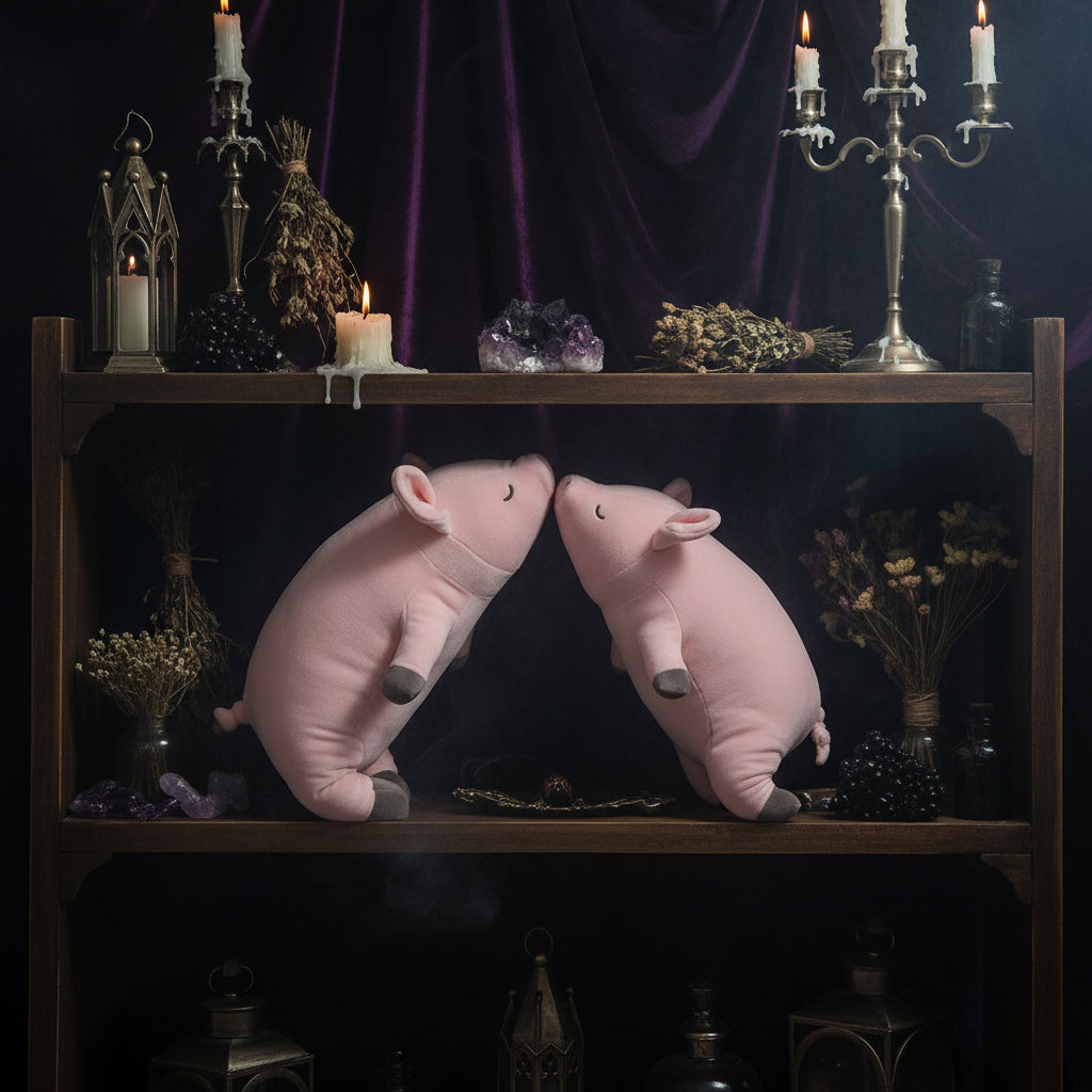 Two pink plush pigs on a wooden shelf with books.