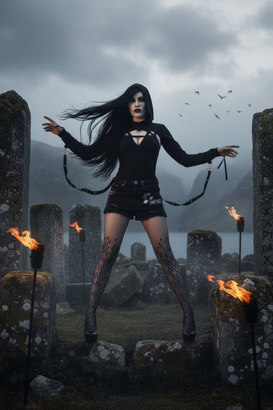Person in a black outfit with long hair and dark makeup standing in a forest.