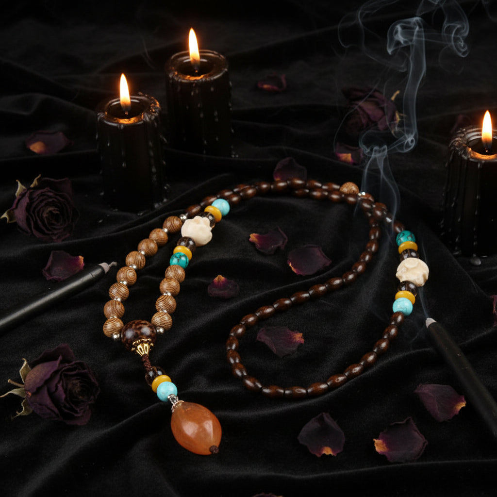 Decorative necklace with beads on a textured fabric background