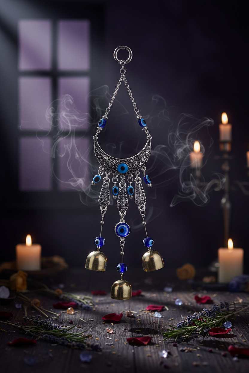 Decorative hanging charm with blue evil eye beads and gold bells on a white background
