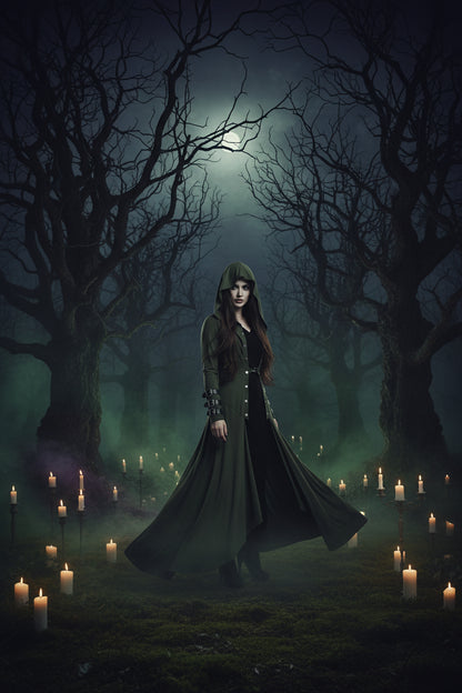 Long green coat with hood and black accents on a white background