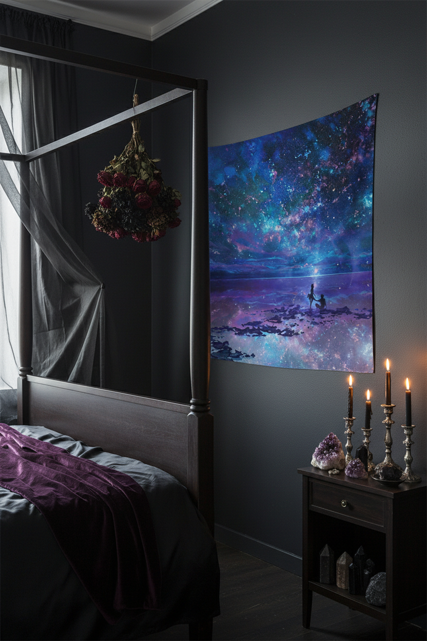Tapestry with a cosmic scene of two people on a beach under a starry sky.